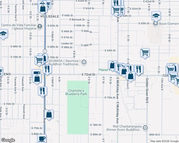 map of restaurants, bars, coffee shops, grocery stores, and more near 264 East 70th Street in Tacoma