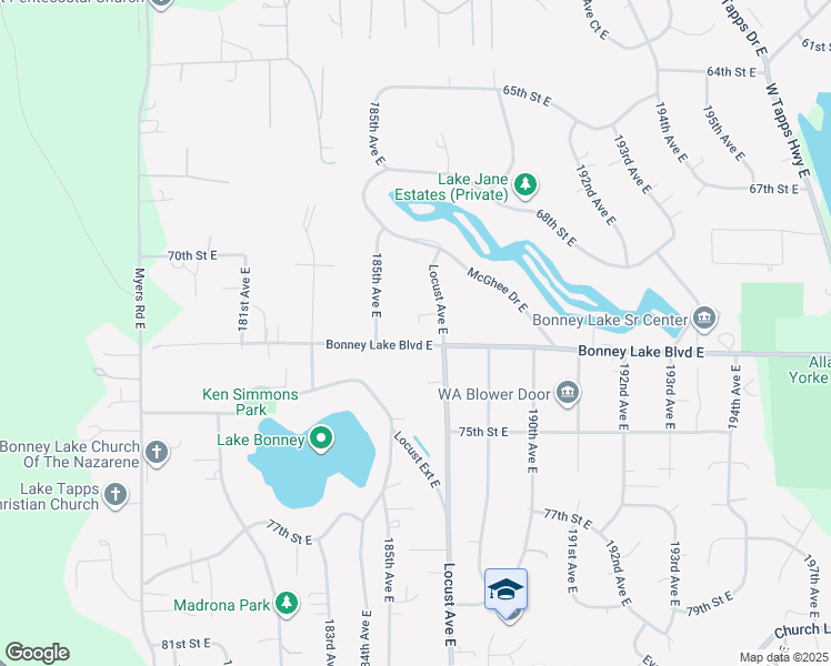 map of restaurants, bars, coffee shops, grocery stores, and more near 7012 185th Avenue East in Bonney Lake