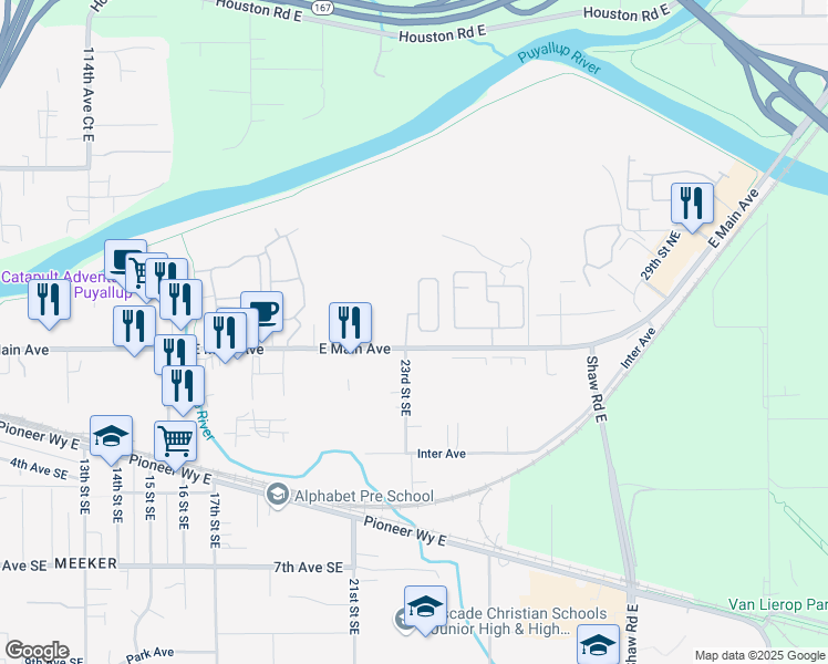 map of restaurants, bars, coffee shops, grocery stores, and more near 2309 East Main Avenue in Puyallup