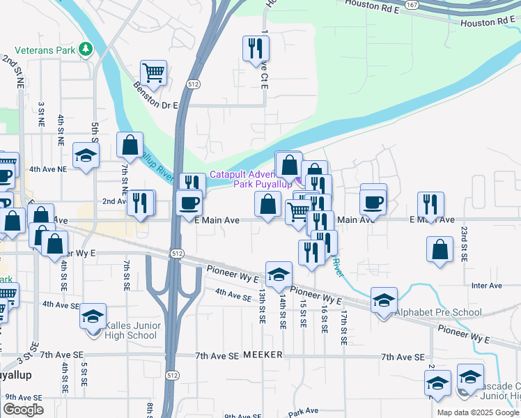 map of restaurants, bars, coffee shops, grocery stores, and more near 1317 East Main Avenue in Puyallup