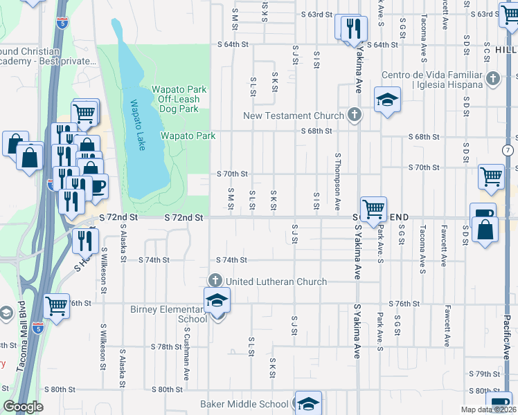 map of restaurants, bars, coffee shops, grocery stores, and more near 7019 South L Street in Tacoma