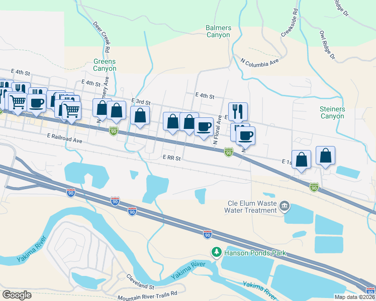 map of restaurants, bars, coffee shops, grocery stores, and more near 901 East 1st Street in Cle Elum