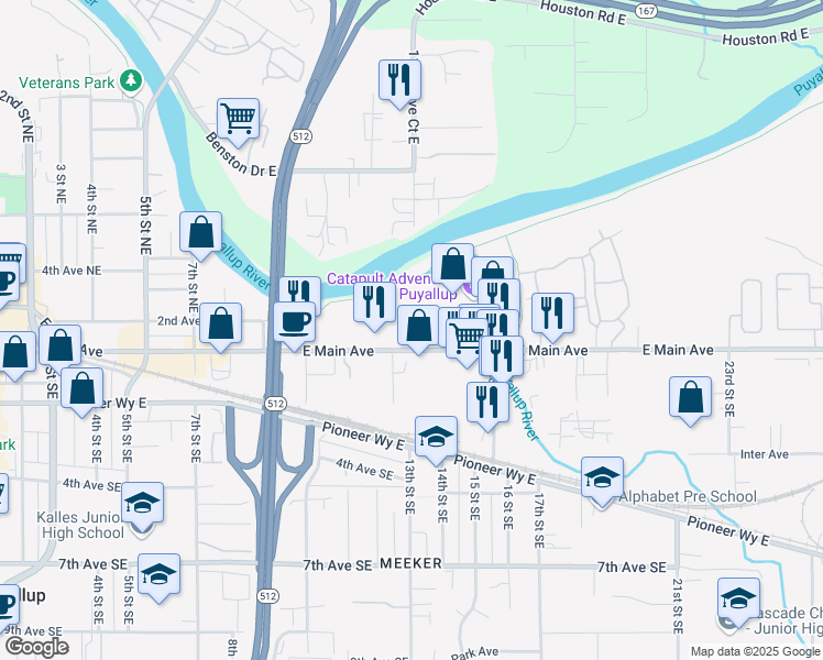 map of restaurants, bars, coffee shops, grocery stores, and more near 1317 East Main Avenue in Puyallup