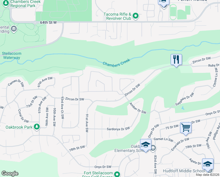 map of restaurants, bars, coffee shops, grocery stores, and more near 7016 87th Avenue Court Southwest in Lakewood