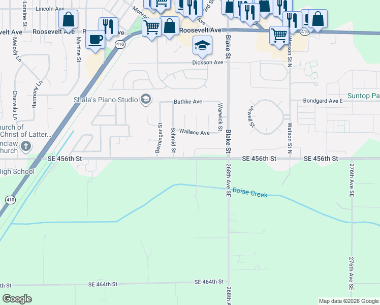 map of restaurants, bars, coffee shops, grocery stores, and more near 700 Wallace Avenue in Enumclaw
