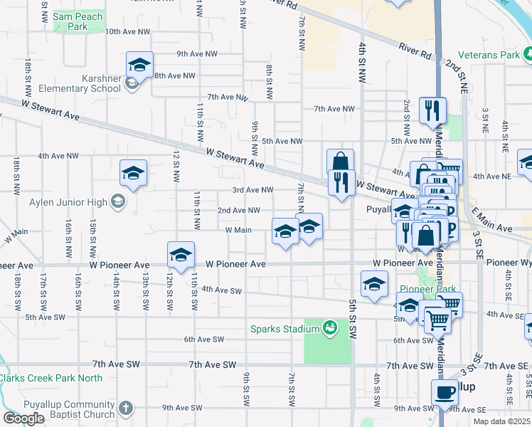 map of restaurants, bars, coffee shops, grocery stores, and more near 204 8th Street Southwest in Puyallup