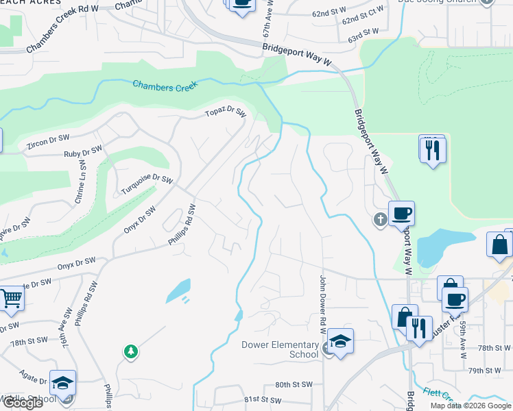 map of restaurants, bars, coffee shops, grocery stores, and more near 6716 71st Street Court West in Lakewood