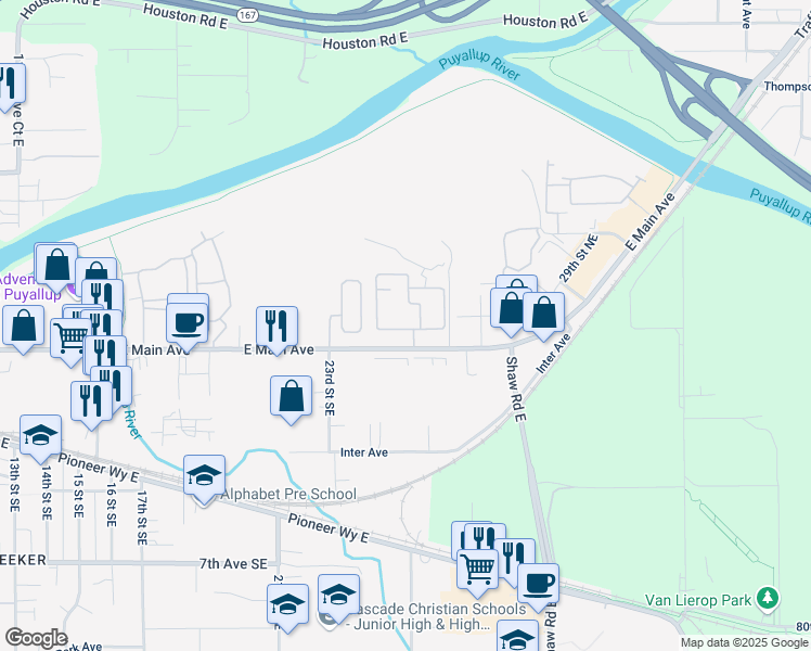 map of restaurants, bars, coffee shops, grocery stores, and more near 2505 East Main Avenue in Puyallup