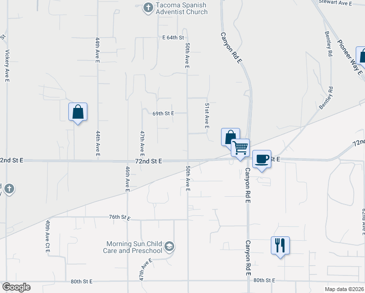 map of restaurants, bars, coffee shops, grocery stores, and more near 7011 50th Avenue East in Tacoma