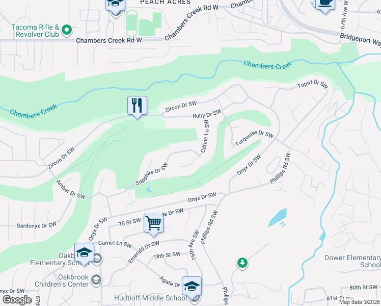 map of restaurants, bars, coffee shops, grocery stores, and more near 7014 Citrine Lane Southwest in Tacoma