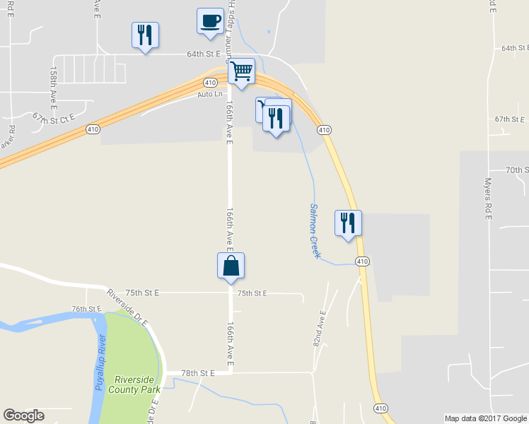 map of restaurants, bars, coffee shops, grocery stores, and more near 7105 166th Avenue East in Sumner