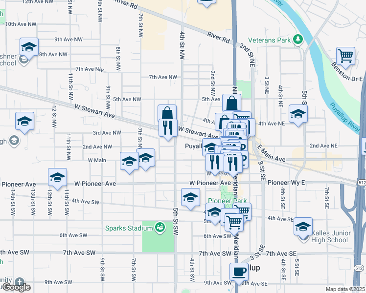 map of restaurants, bars, coffee shops, grocery stores, and more near 239 West Stewart Avenue in Puyallup