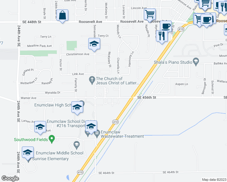 map of restaurants, bars, coffee shops, grocery stores, and more near 210 Charwila Lane in Enumclaw