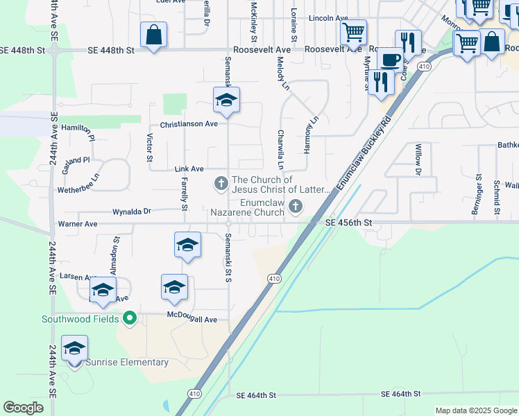 map of restaurants, bars, coffee shops, grocery stores, and more near 231 Semanski Street in Enumclaw