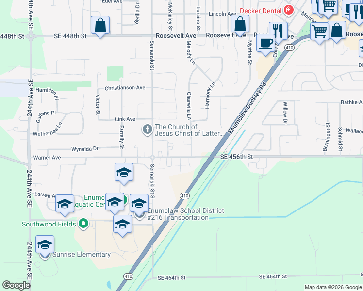 map of restaurants, bars, coffee shops, grocery stores, and more near 180 Charwila Lane in Enumclaw