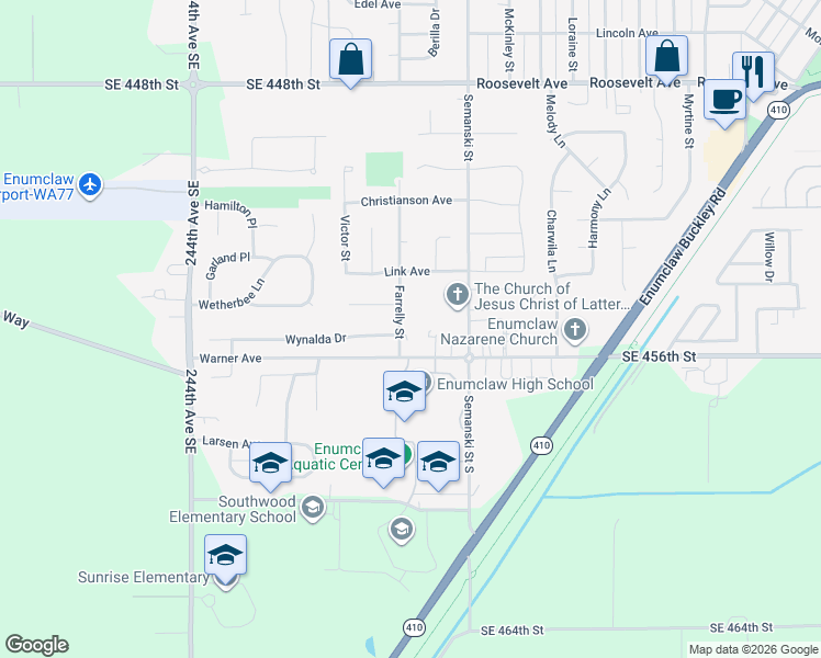 map of restaurants, bars, coffee shops, grocery stores, and more near 210 Farrelly Street in Enumclaw