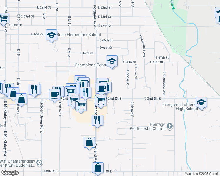 map of restaurants, bars, coffee shops, grocery stores, and more near 1649 East 72nd Street in Tacoma