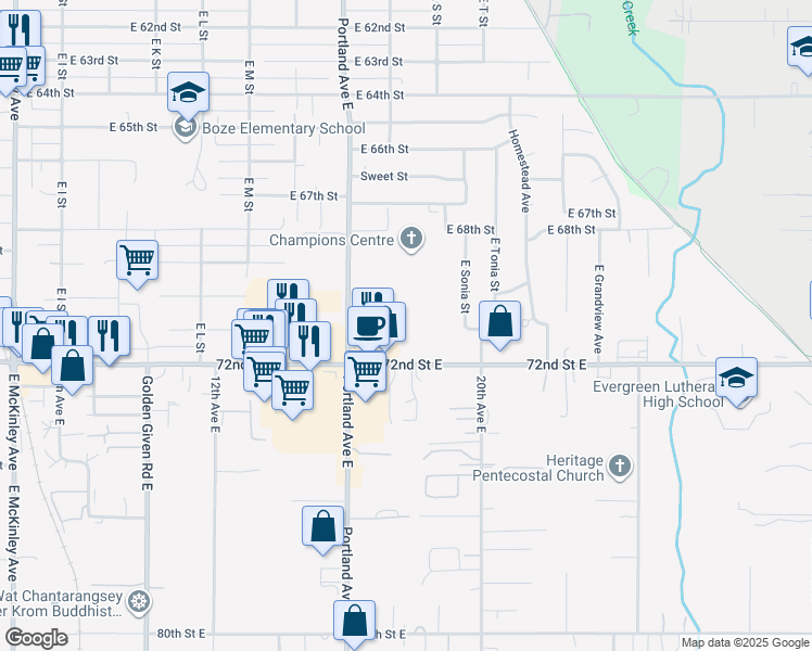 map of restaurants, bars, coffee shops, grocery stores, and more near 1649 East 72nd Street in Tacoma