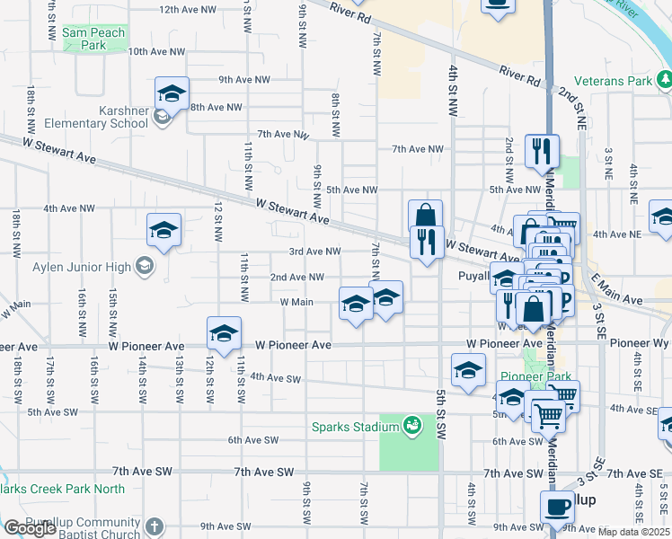map of restaurants, bars, coffee shops, grocery stores, and more near 204 8th Street Southwest in Puyallup