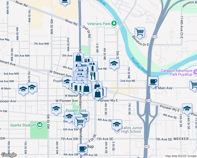 map of restaurants, bars, coffee shops, grocery stores, and more near 301 2nd Avenue Northeast in Puyallup
