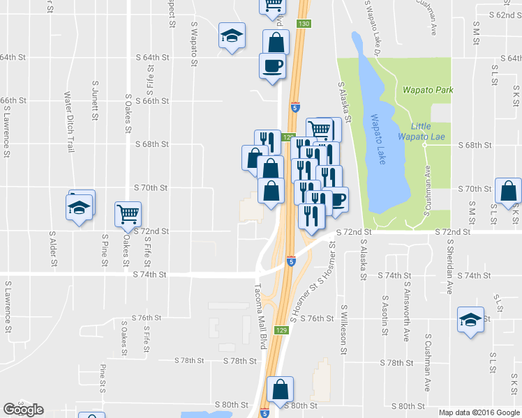 map of restaurants, bars, coffee shops, grocery stores, and more near 17 in Tacoma