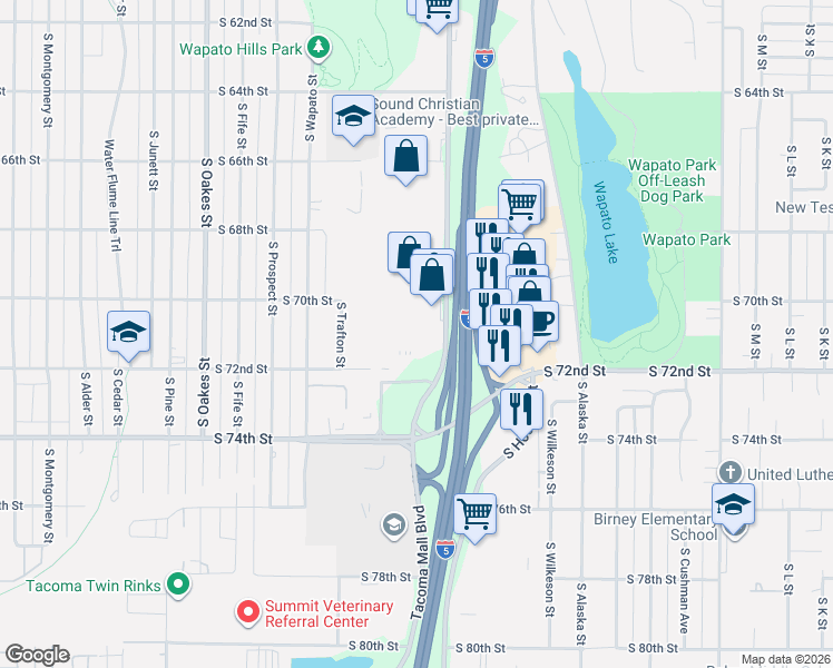 map of restaurants, bars, coffee shops, grocery stores, and more near 16 in Tacoma