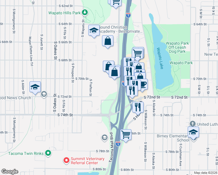 map of restaurants, bars, coffee shops, grocery stores, and more near 12 in Tacoma