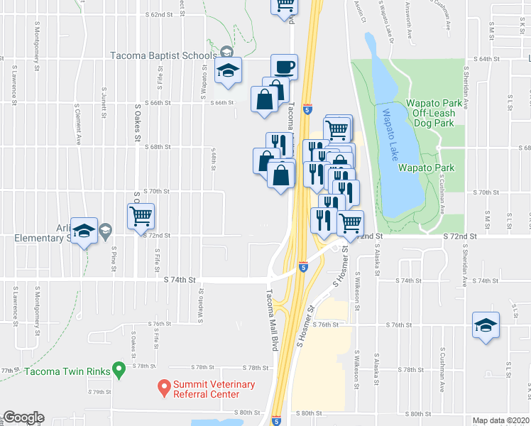 map of restaurants, bars, coffee shops, grocery stores, and more near 10 in Tacoma