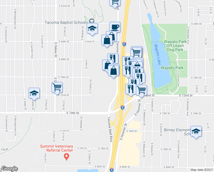 map of restaurants, bars, coffee shops, grocery stores, and more near 9 in Tacoma