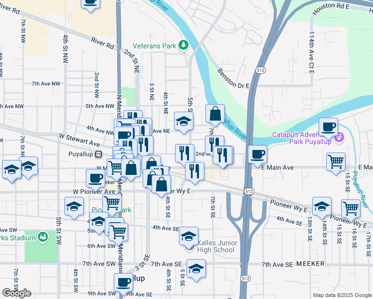 map of restaurants, bars, coffee shops, grocery stores, and more near 211 5th Street Northeast in Puyallup