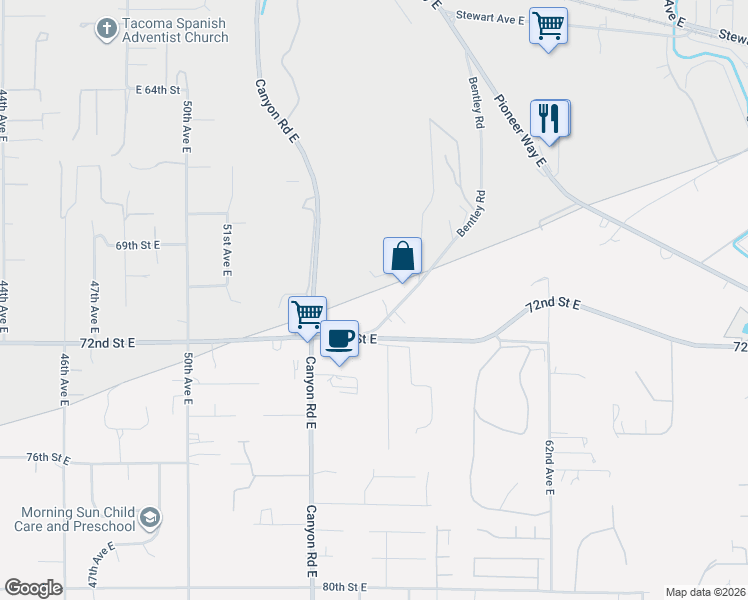 map of restaurants, bars, coffee shops, grocery stores, and more near 7130 Bentley Road in Puyallup