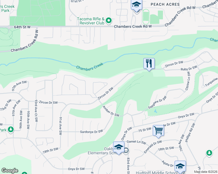 map of restaurants, bars, coffee shops, grocery stores, and more near 8400 Zircon Drive Southwest in Lakewood