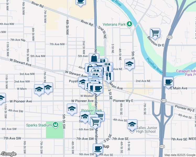 map of restaurants, bars, coffee shops, grocery stores, and more near 104 East Stewart Avenue in Puyallup