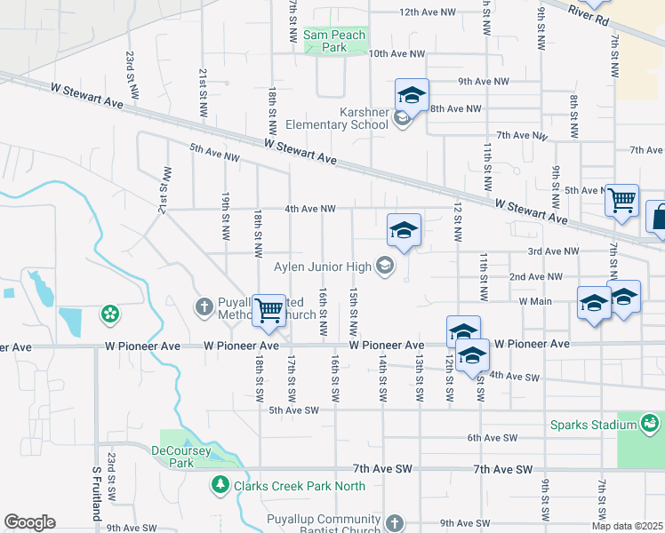 map of restaurants, bars, coffee shops, grocery stores, and more near 215 16th Street Northwest in Puyallup