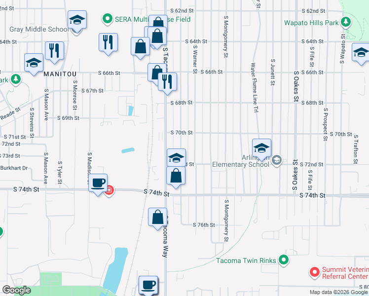 map of restaurants, bars, coffee shops, grocery stores, and more near 7022 South Puget Sound Avenue in Tacoma
