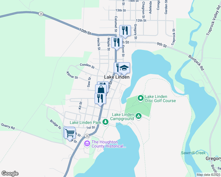 map of restaurants, bars, coffee shops, grocery stores, and more near 5th Street in Lake Linden