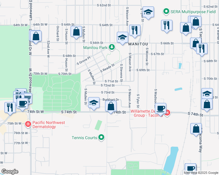 map of restaurants, bars, coffee shops, grocery stores, and more near 4602 South 72nd Street in Tacoma