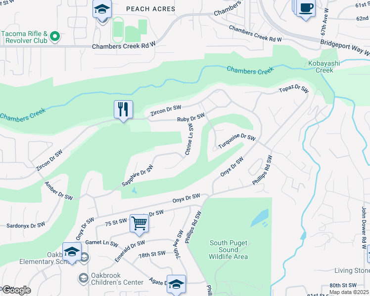 map of restaurants, bars, coffee shops, grocery stores, and more near 7014 Citrine Lane Southwest in Tacoma