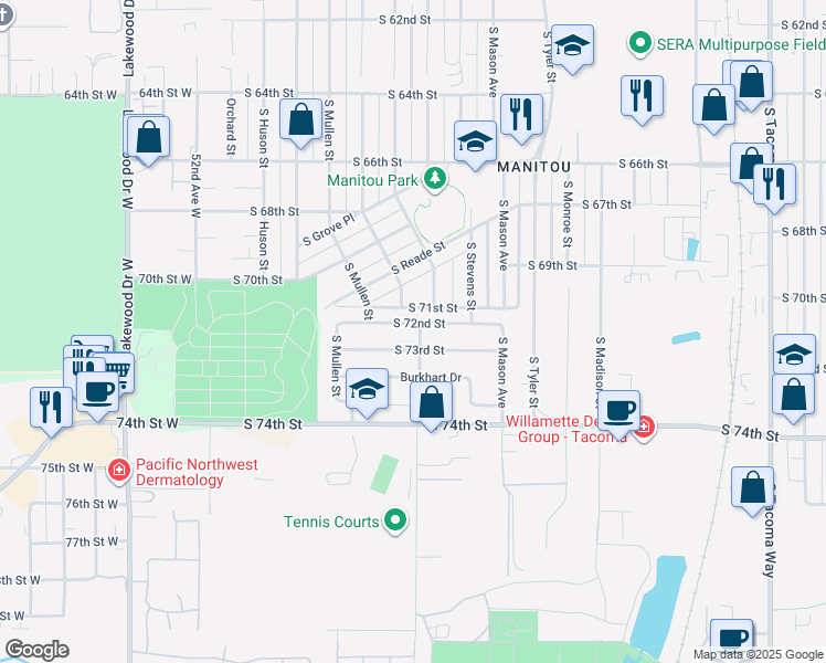 map of restaurants, bars, coffee shops, grocery stores, and more near 4602 South 72nd Street in Tacoma
