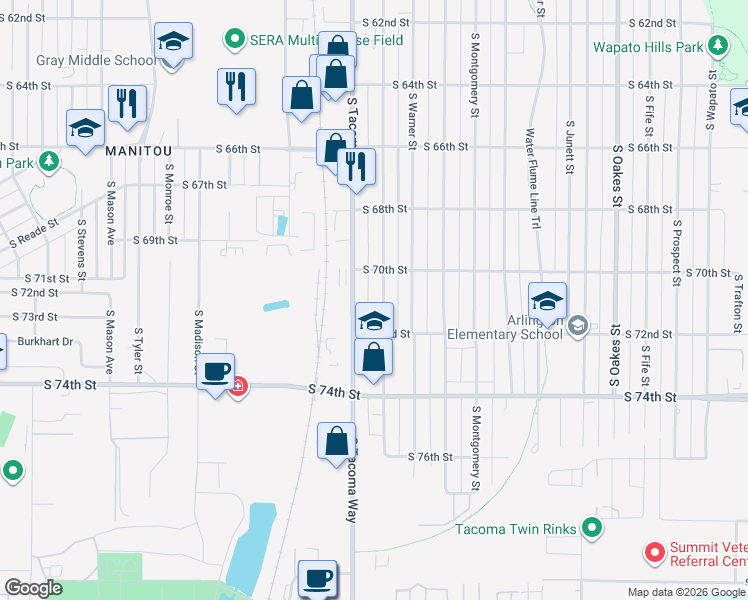 map of restaurants, bars, coffee shops, grocery stores, and more near 7022 S Puget Sound Ave in Tacoma