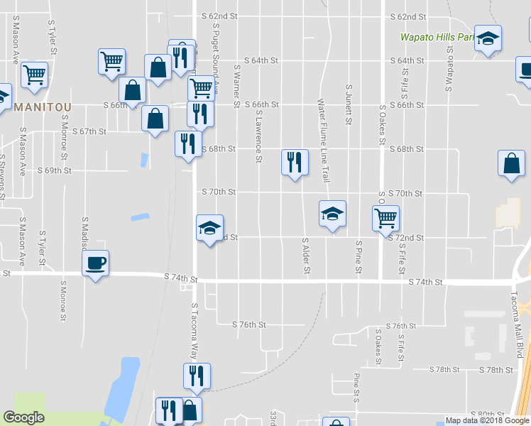 map of restaurants, bars, coffee shops, grocery stores, and more near 7021 South Lawrence Street in Tacoma
