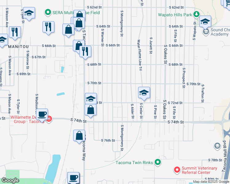 map of restaurants, bars, coffee shops, grocery stores, and more near 7021 South Lawrence Street in Tacoma
