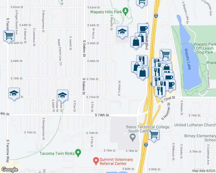 map of restaurants, bars, coffee shops, grocery stores, and more near 7020 South Wapato Street in Tacoma