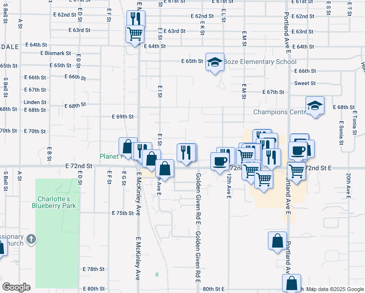 map of restaurants, bars, coffee shops, grocery stores, and more near 7011 East J Street in Tacoma
