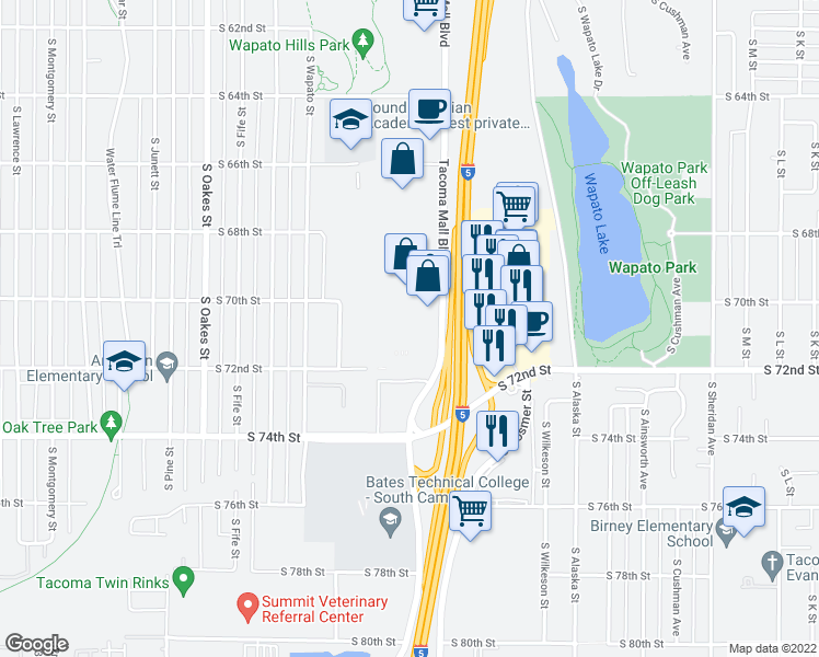map of restaurants, bars, coffee shops, grocery stores, and more near 19 in Tacoma