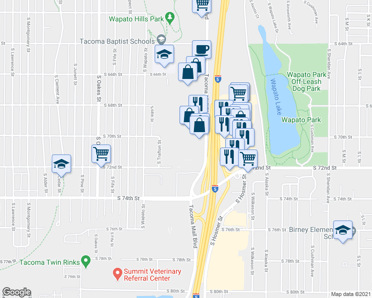 map of restaurants, bars, coffee shops, grocery stores, and more near 27 in Tacoma