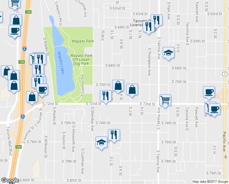 map of restaurants, bars, coffee shops, grocery stores, and more near 7019 South L Street in Tacoma