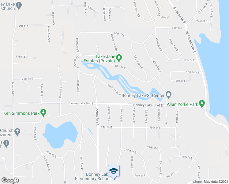 map of restaurants, bars, coffee shops, grocery stores, and more near 18807 McGhee Drive East in Bonney Lake