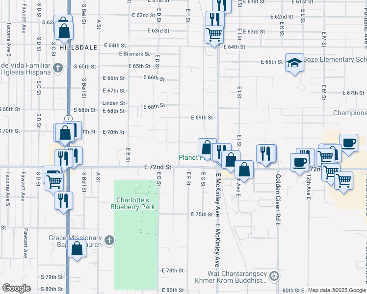 map of restaurants, bars, coffee shops, grocery stores, and more near 7003 East E Street in Tacoma