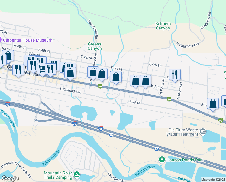 map of restaurants, bars, coffee shops, grocery stores, and more near 706 East 1st Street in Cle Elum
